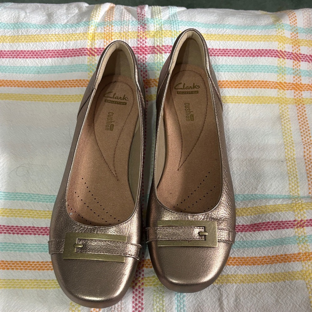 Clarks Metallic Bronze Ballet Flats with Gold Buckle Accent - Picture 4 of 4
